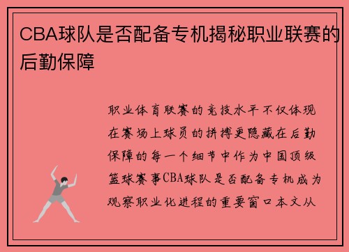 CBA球队是否配备专机揭秘职业联赛的后勤保障