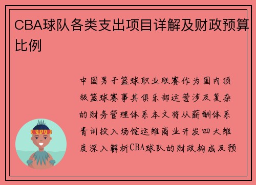 CBA球队各类支出项目详解及财政预算比例